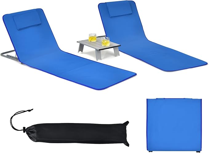 GYMAX Beach Chairs, Folding Tanning Lounge Chairs with Table Set, Adjustable Patio Floor Chair, Outdoor Sunbath Chair with Desk, Pillow & Storage Bag for Outside, Patio, Poolside (Blue) by GYMAX