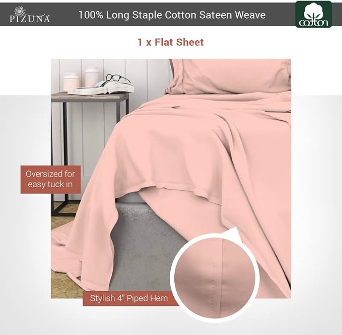Pizuna Pure 100% Cotton Flat Sheets Only Full Rose Pink (1 PC), Luxurious 400 Thread Count Long Staple Cotton Sateen with 4inch Hem (Combed Full Flat Sheet Only Cotton) - Image 3