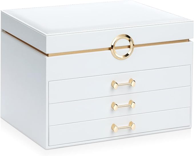 Jewelry Organizer Box, Women Jewelry Box White Jewelry Case 3-Layer with 3 Drawers, Jewelry Boxes for Women Jewelry Organizer, White - Image 2
