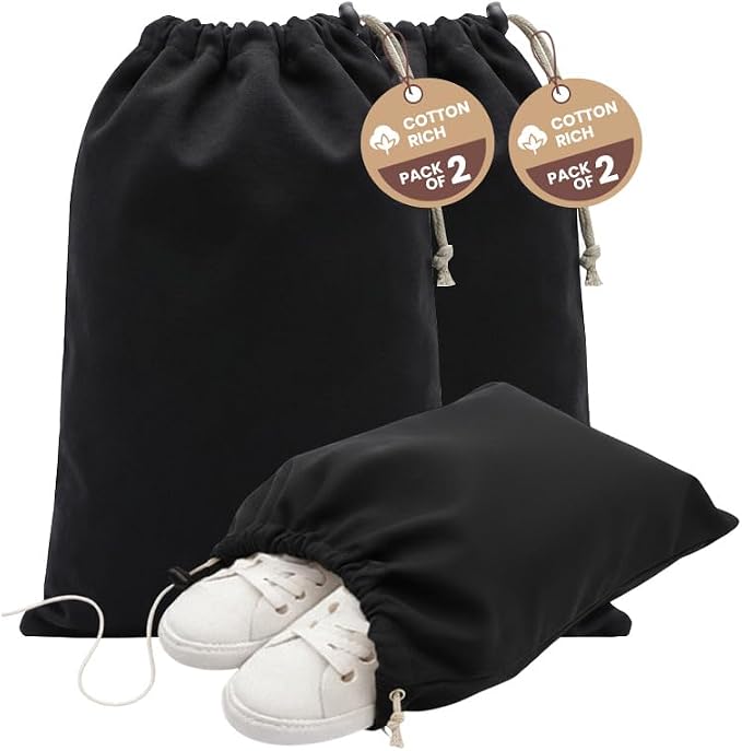 LFH Cotton Rich Shoe Storage Bags with Drawstring, Dustproof Breathable Reusable Organizer, Perfect For Travel, Dorm, Hotel, College, Gym, Machine Washable 12"x17" (Pack of 2) - Black sand by LFHHomePrivateLimited