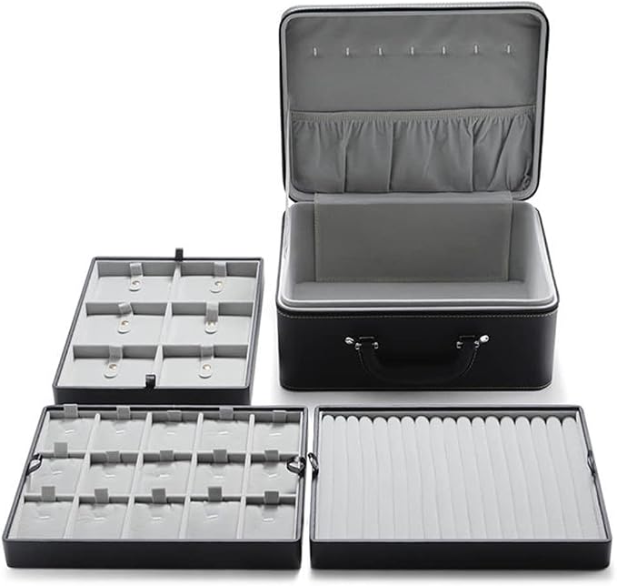 Jewelry Box Carriable Large Commercial Organizer Faux-Leather Accessory Case Storage with Handle Zipper Trays for Women Men Jeweler(L3-BK) - Image 4