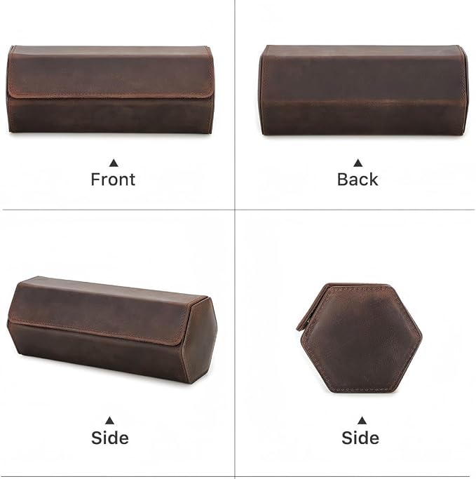 Genuine Leather Watch Roll Travel Case, Vintage Full Grain Leather Hexagon Watches Storage Organizer with Display Removable Pillows & Solid Dividers for Home Storage &Display(3 Slots) - Image 2