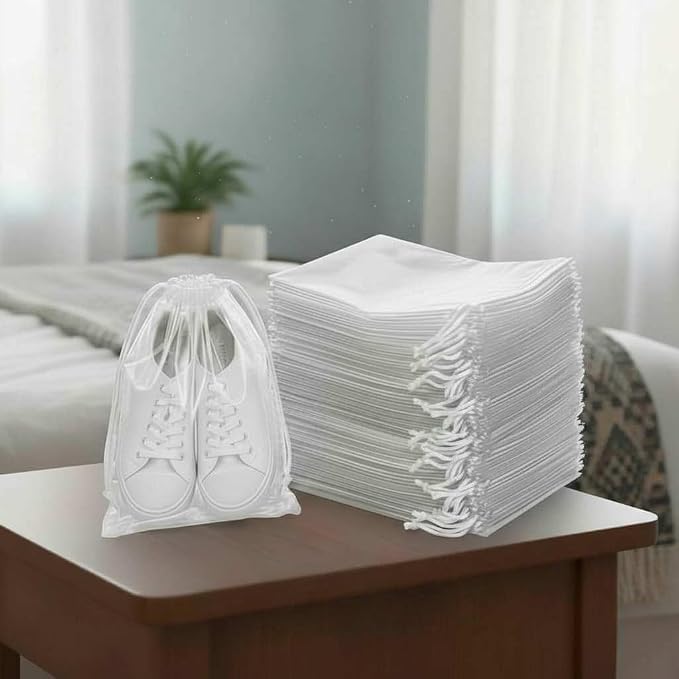 Clear LDPE Drawstring Bags (50 Pack) (13.75" x 17.5") 2 Mil Disposable Transparent Plastic with Double Cotton White Strings. Shoe Bags for Travel Large Storage Organizers Pouch (50) - Image 6