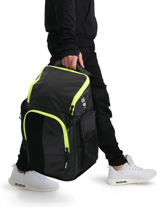 ARENA Spiky III Backpack 45 Swimming Athlete Sports Gym Rucksack Large Training Gear Equipment Swim Bag for Men and Women, 45 Liters, Dark Smoke/Neon Yellow by ArenaNorthAmerica