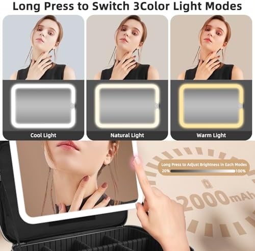 15''X11'' Makeup Bag with Removeable Lighted Mirror, Travel Makeup Case with 3 Color Lights Dimmable Brightness, Large Capacity Cosmetic Organizer Case with Detachable Dividers & Shoulder Strap - Image 3