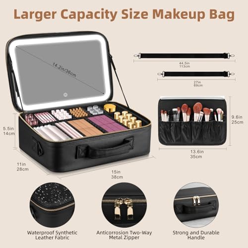 15''X11'' Large Capacity Makeup Bag with LED Mirror, Professional Makeup Case Organizer with 3 Color Light Adjustable Brightness, Travel Make up Cosmetic Case with Detachable Dividers & Shoulder Strap - Image 6