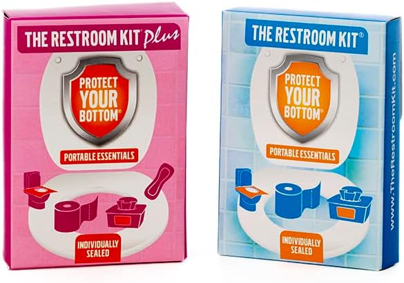 The Restroom Kit Plus: All-in-One Hygiene Travel Kit for Women, 12-Pack with Panty Liner, Patented Seat Cover, 3-Ply Toilet Paper, and Wipes