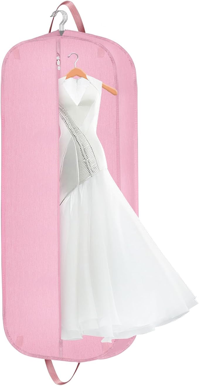 Limoomil 60 Inch Heavy Duty Tear Resistance Wedding Dress Bag for Wedding Travel, Waterproof Dress Cover for Closet Wardrobe. Garment Bag for Gowns, Tuxedos, Dress, Long Coats. Pink, 60 Inch. by LIMOOMIL