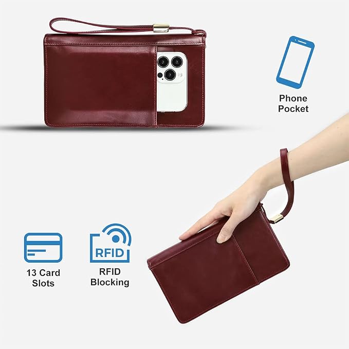 CONTACTS Full Grain Leather Family Passport Holder for 4 RFID Blocking Passport Wallet Large Capacity Wristlet Clutch Purse Red - Image 8