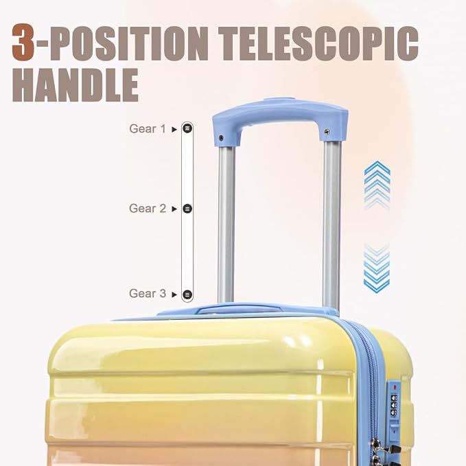 Gradient Color Suitcase 2-Piece Set, 20" Rotating Wheel Suitcase with 14" Cosmetic Case, Lightweight Durable Hardshell Luggage with 360° Spinner Wheels for Travel, Women & Girls (Blue+Yellow) - Image 3