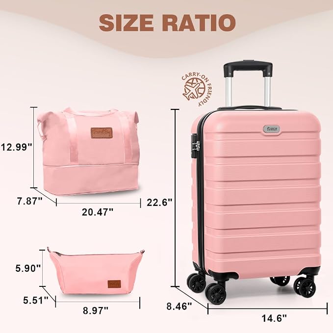 AnyZip Luggage Set 20 Inch Carry on Luggage PC ABS Hardshell Lightweight Suitcases for Travelling with 4 Universal Wheels TSA Lock Pink - Image 3