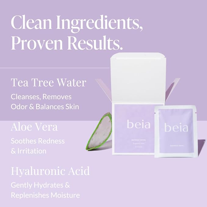 Beia Feminine Wipes Individually Wrapped - Odor Control pH Balancing Intimate Wipes for Women Hygiene with Aloe Vera & Green Tea - Fragrance Free & Vegan for Full Body & Face - 15 Refresh Travel Wipes