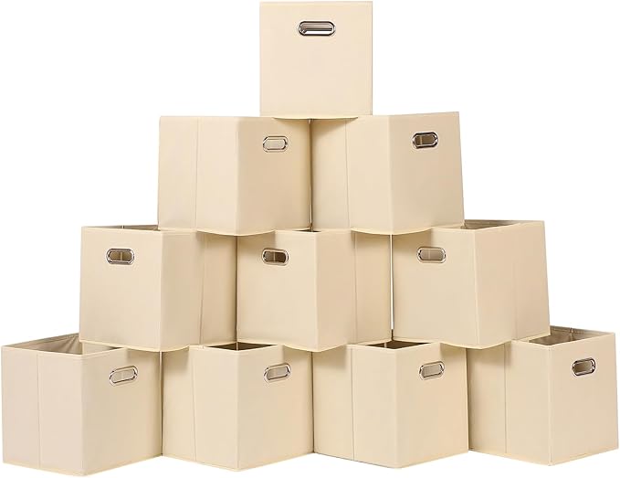Fabric Cloth Storage Bins,Fabric Cube Organizer with Dual Handles Foldable Cube Storage Baskets for Home Bedroom Storage,Set of 10,(Creamy-White) by SEVENDOME