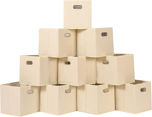 Fabric Cloth Storage Bins,Fabric Cube Organizer with Dual Handles Foldable Cube Storage Baskets for Home Bedroom Storage,Set of 10,(Creamy-White) by SEVENDOME