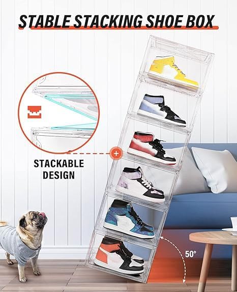 KDOR Shoe Box Clear Plastic Stackable for Sneakers,Closet,Hat. 10 Pack Sneaker Storage Boxes with Magnetic Door, Acrylic Display Case, Strong and Sturdy Fit Shoe Size Up to US 15 - Image 4