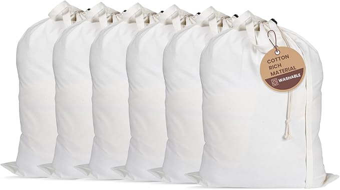 LFH Home Cotton Rich Large Laundry Bag with Handle, Heavy Duty Drawstring Closure Washable Laundry Bags, School Travel, Home, Hotel, College Dorm, Organizer Sack, Toy Clothes 20x30 (Pack of 6)-White by LFHHomePrivateLimited