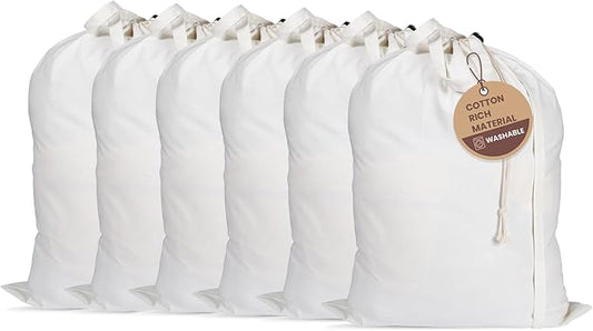 LFH Home Cotton Rich Large Laundry Bag with Handle, Heavy Duty Drawstring Closure Washable Laundry Bags, School Travel, Home, Hotel, College Dorm, Organizer Sack, Toy Clothes 28x36 (Pack of 6)-White by LFHHomePrivateLimited
