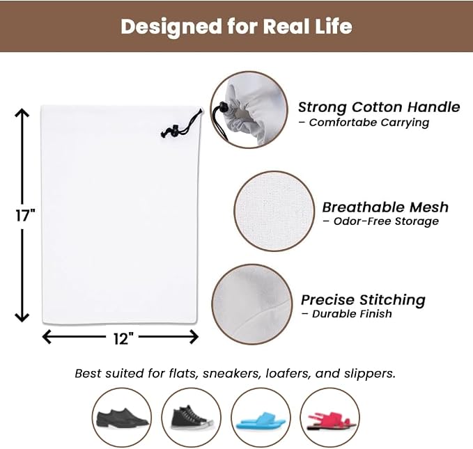 LFH Cotton Rich Shoe Storage Bags with Drawstring, Dustproof Breathable Reusable Organizer, Perfect For Travel, Dorm, Hotel, College, Gym, Easy to Carry, Machine Washable 12"x17" (Pack of 2) - White - Image 4