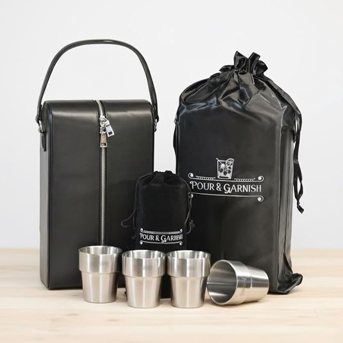 POUR & GARNISH Bourbon, Whiskey & Wine Double Bottle Travel Bag – Vegan Leather Spirits Carrier with 4 Stainless Steel Insulated Glasses & Gift Pouch – Luxury Barware Gift - Image 3