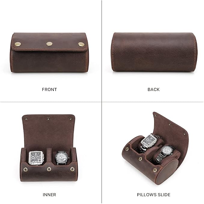 Hiram Leather Watch Roll Travel Case,Vintage Crazy Horse Leather 2-Slots Watch Box with Removable Velvet Pillows, Secure Metal Clasp, Perfect for Daily Display & Business Travel - Image 5