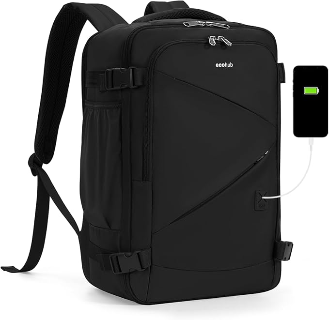 ECOHUB 17" Small Unisex Travel Backpack United Airline Approved 17x10x9 Friendly Suitcase Anti-Theft Lockable Zippers Style Personal Item Bag Travel Essentials with 12 Pockets Water Resistant, Black by ECOHUB