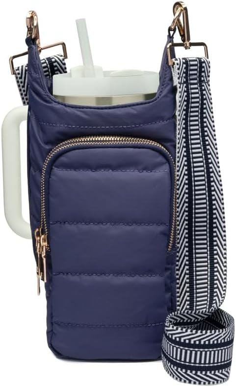 WanderFull Original HydroBag Handle®, Zipper for Handle, 40 oz Water Bottle Holder w/Strap, Crossbody Carrier Bag w/Phone Pocket, Tumbler Accessories - Island Navy Matte w/Patterned Strap by WanderFull