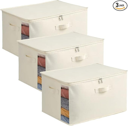 3-Pack Large Canvas Comforter Storage Bags for Clothes Sweater Clothes Organizer with Dual Zipper Three Carrying Handles for Blanket Closet Storage Container by Vailando