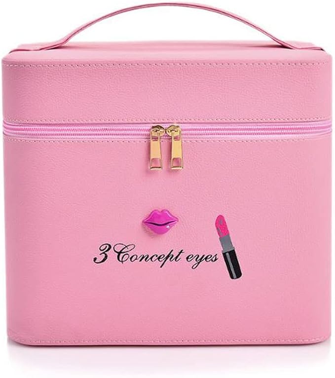 Pu Leather Makeup Storage Box With Mirror | 4 Layer Travel Vanity Bag | Multi Compartment Cosmetic Bag Display Organizer For Lipstick Nailpolish | Make-Up Brushes Holder(Pink) 18 Cms by OLIZA