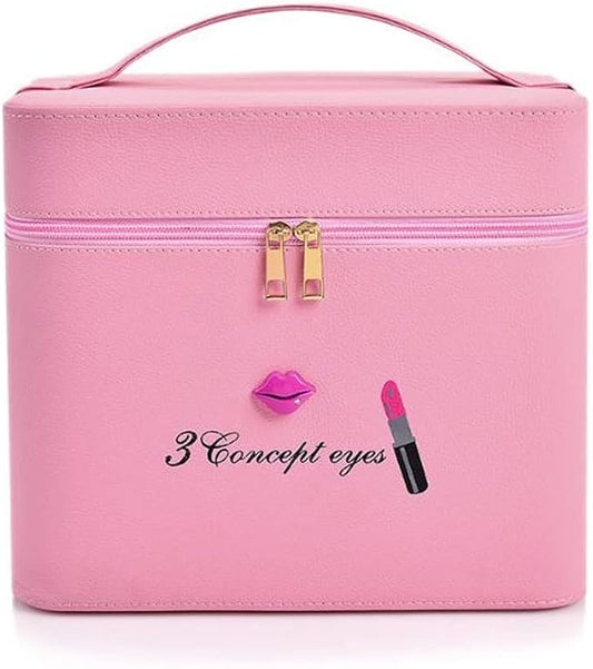 Pu Leather Makeup Storage Box With Mirror | 4 Layer Travel Vanity Bag | Multi Compartment Cosmetic Bag Display Organizer For Lipstick Nailpolish | Make-Up Brushes Holder(Pink) 18 Cms by OLIZA