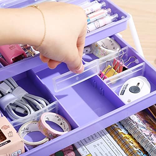 Kinsorcai 12'' Three-Layer Clear Plastic Storage Box/Tool Box, Multipurpose Organizer and Portable Handled Storage Case for Art Craft and Cosmetic (Purple) - Image 3