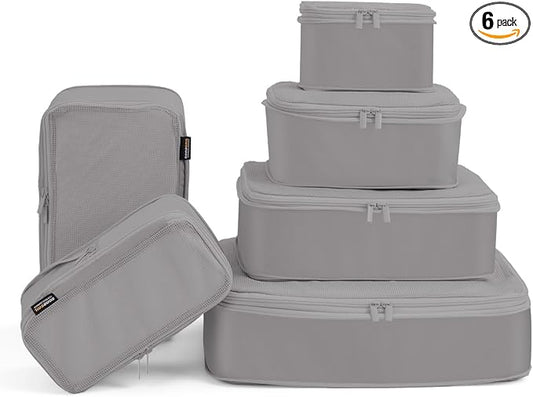Compression Packing Cubes for Travel, 6-Piece Set (Large/Medium/Small), Double-Zip Luggage Organizers for Suitcase & Carry-On, Clothes Storage Bags (Silver Gray, 6 Pack) by SOARSAIL
