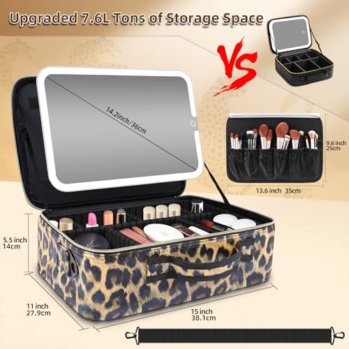 15''X11'' Makeup Bag with Removeable Lighted Mirror, Travel Makeup Case with 3 Color Lights Dimmable Brightness, Large Capacity Cosmetic Organizer Case with Detachable Dividers & Shoulder Strap - Image 2