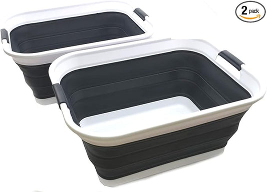SAMMART 42L(11 gallon) Set of 2 Collapsible Plastic Laundry Basket-Foldable Pop Up Storage Container-Portable Washing Tub-Space Saving,Water capacity 34L(9 gallon) (2 rectangular - strengthen, black) by SAMMART