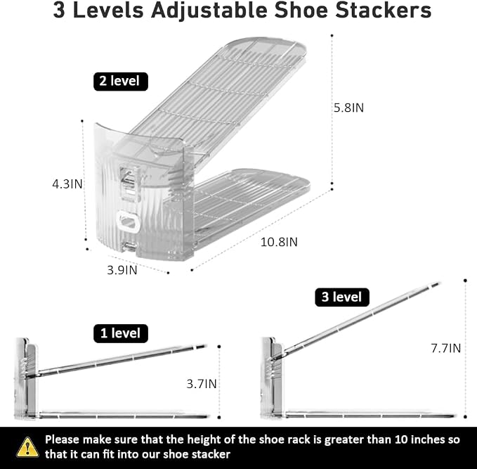 10 Pack Clear Shoe Slots Organizer - Adjustable Height 3.7''to 7.7'' Shoe stackers for a pair of shoes ,Shoe rack storage shoe space saver 50%,Easy to assemble shoe hold shoe organizer for cloest - Image 5