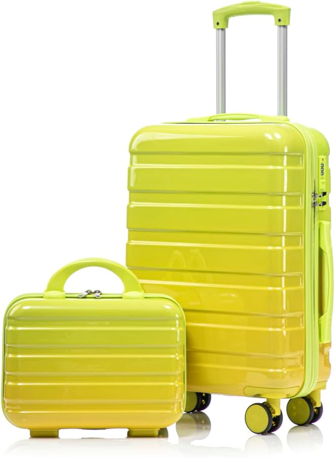 Gradient Color Suitcase 2-Piece Set, 20" Rotating Wheel Suitcase with 14" Cosmetic Case, Lightweight Durable Hardshell Luggage with 360° Spinner Wheels for Travel, Women & Girls (Green+Yellow) by Unknown
