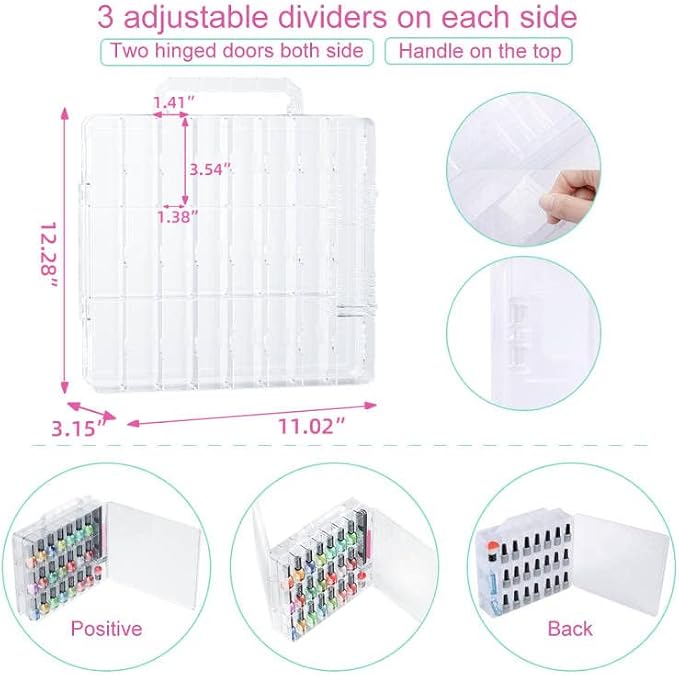 Nail Polish Organizer Case for 48 Bottles, Gel Nail Polish Storage Holder | Double Side Adjustable Space Divider for Acrylic Nail Gel Dip Powder Tips Set with Two Toe Separator - Image 7
