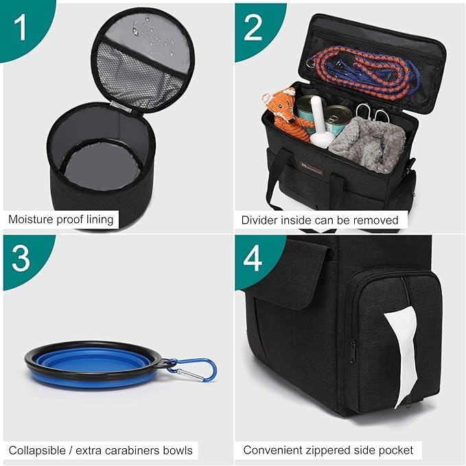 Modoker Dog Travel Bag with 2 Food Bags, 2 Bowls and 1 Mat (Black) | Roomy Main Compartment | Multiple Functional Pockets | Water-Resistant Oxford Fabric | PVC Backing | Leak-Resistant Lining - Image 4