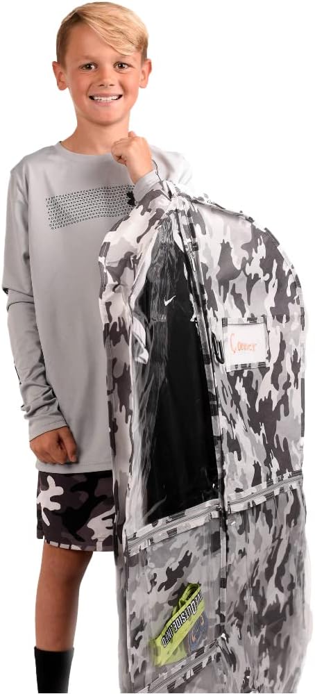 Waterproof Hanging Garment Bag 40 inch Clothes Bag with Gusset, 5 Pockets & Side Zip for Dance Costumes, Sports, Skating, Theatre, Beauty Pageants, Cheer & More by Kendall Country, Camo Grey by KendallCountry