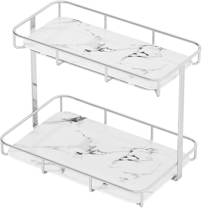 Bathroom Organizer Countertop Perfume Organizer Makeup Organizer Cosmetics Storage Display Rack Vanity Tray Dresser Stainless Steel Gold Shelf White Marble Ceramic Tray (2 Tier L-Sliver) | Perfume Organizer - Image 4