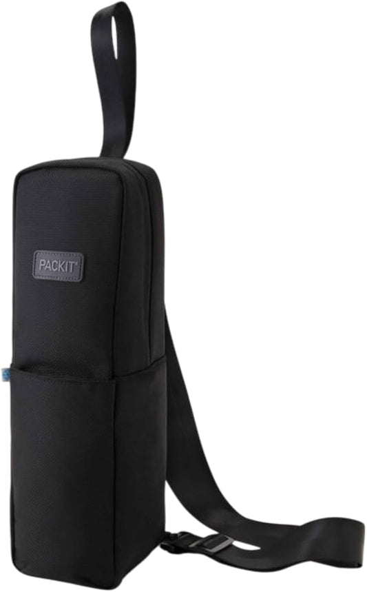 PackIt Freezable Wine Carrier, Black, with Adjustable Removable Crossbody Strap and Wristlet, ECOFREEZE+ Technology: Triple Layered Protection for Ultimate Cooling, Collapsible, Reusable, Zip Closure by PackIt