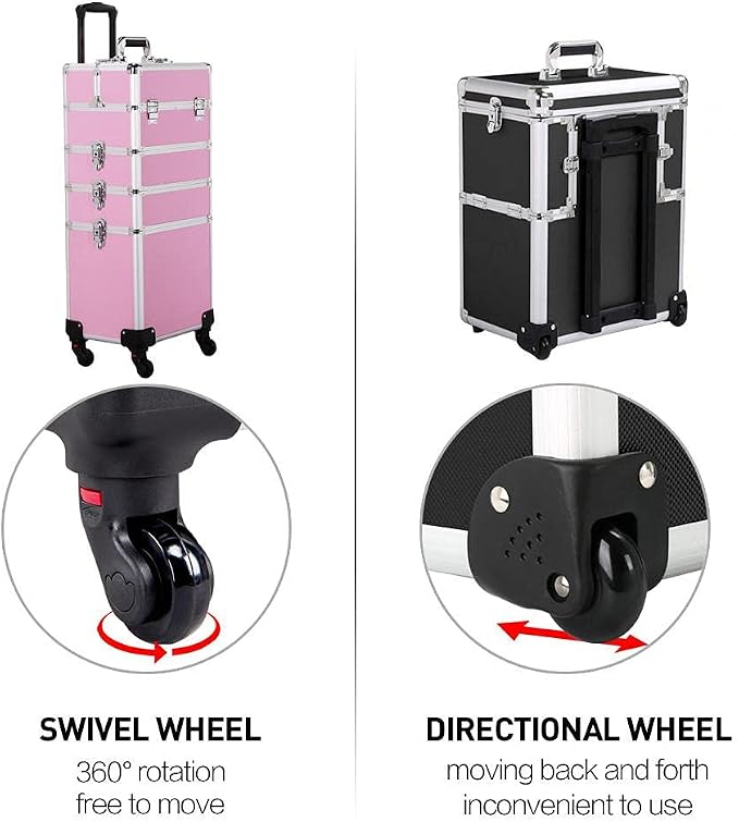 Topeakmart 4-in-1 Cosmetology Case on Wheels Lockable Makeup Trolley Pink | Reinforced with aluminum trim and steel corners, this rolling makeup train case organizes and locks supplies anywhere - Image 6