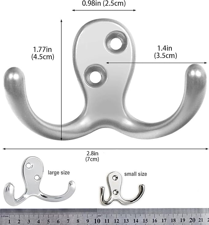 6 Pack Coat Hooks Wall Hooks for Hanging, Heavy Duty Double Prong Metal Hook Wall Mounted for Living Room, Bathroom, Kitchen, Bedroom for Coat, Bag, Scarf, Towel, Hat, Key, Cup (Silvery) - Image 3