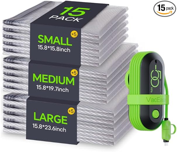 Vacbird Vacuum Bags for Travel with USB Electric Pump, 15 Pack Carry-on Size Compression Packing for Luggage and Suitcase, Space Saver Bags for Clothes and Clothing Travel by Vacbird