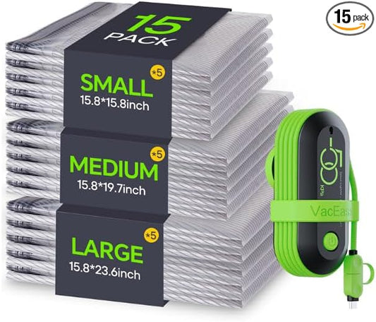 Vacbird Vacuum Bags for Travel with USB Electric Pump, 15 Pack Carry-on Size Compression Packing for Luggage and Suitcase, Space Saver Bags for Clothes and Clothing Travel by Vacbird