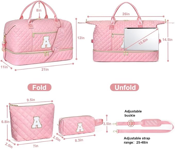 Graduation Birthday Gift for Her, Personalized Initial Weekender Bag for Women 45L Travel Duffle Carry On Quilted, 3PCS Overnight with Cosmetic & Toiletry Bag, Shoe Compartment, Gym Dance Bag for Girl - Image 6