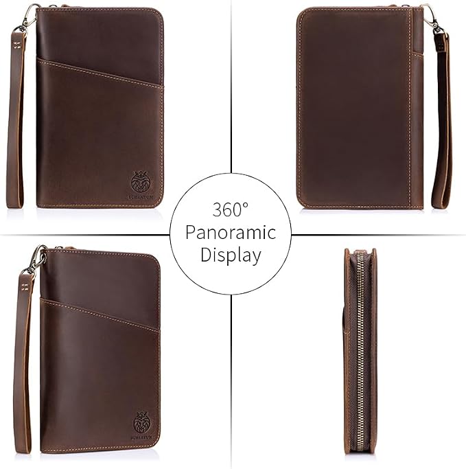Passport Holder for Travel Family with Strap Genuine Leather RFID Blocking Travel Document Organizer Wallet with Pen Holder, Brown - Image 2