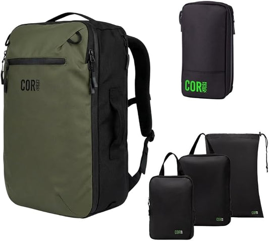 COR Surf Carry On Travel Backpack Bundle | Island Hopper Travel Backpack with Toiletry Bag and Compression Packing Cube Set (28L, Green) by CORSurf