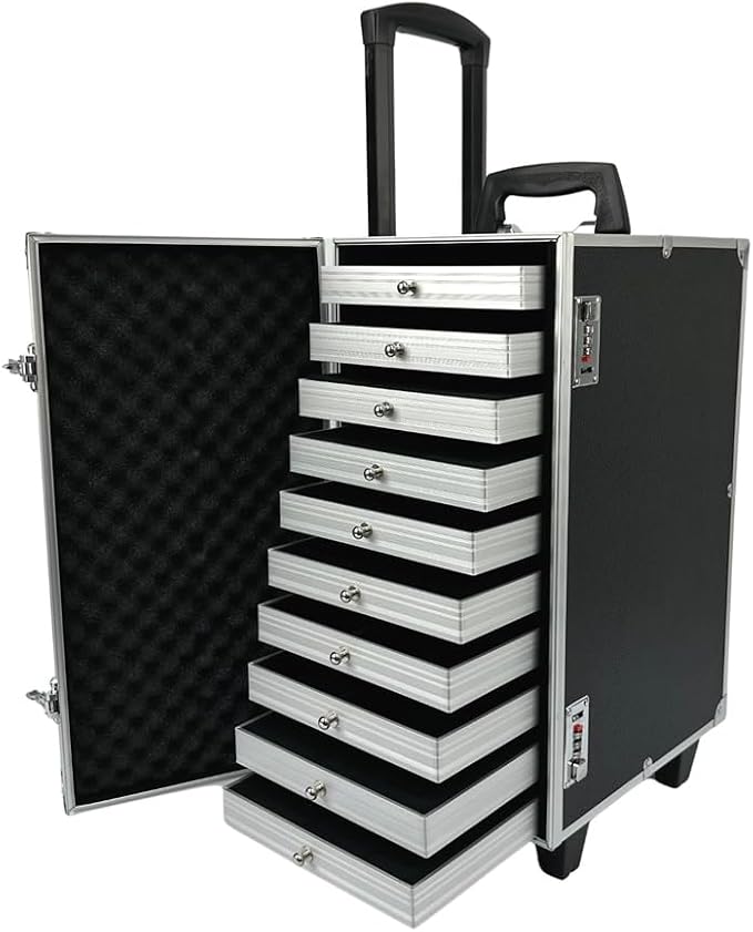 Rolling Jewelry Trolley Case with Drawers Sturdy Case for Travel and Vendor Showes Jewels Sets Display Organizer (Black) by SCIKHEFT