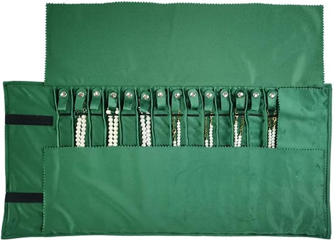 Travel Necklace Organizer, Tangle Free Jewelry Case, 16 Slots | Foldable,LightWeight Compact, Velvet Lining Jewelry Storage Bag for Chain Bracelet, Gift for Women Girls,Gray PU and Green - Image 7