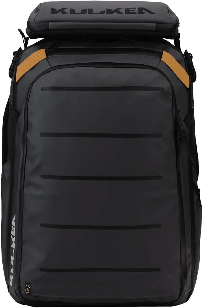 Käydä 44L Travel Backpack - Spacious Carry On Backpack with Detachable Travel Pouch, Magnetic Water Bottle Pocket, Passport and Laptop Pocket - Convertible Boot Bag for Snow Sports (Black/Gold) by KULKEA